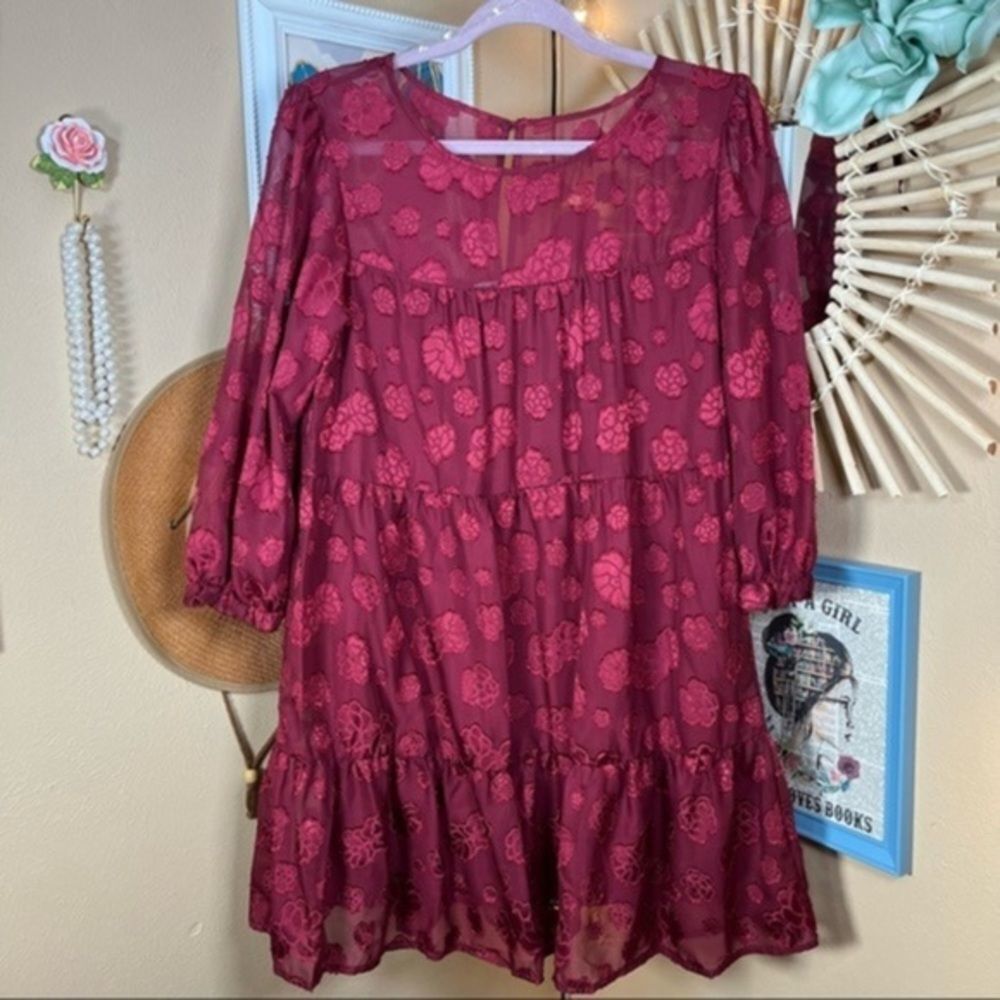 SPEECHLESS Junior’s Puff Tiered Burgundy Chiffon Mini Dress - Women’s Large